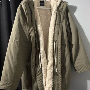 Olive Green Hooded Parka with Sherpa Lining